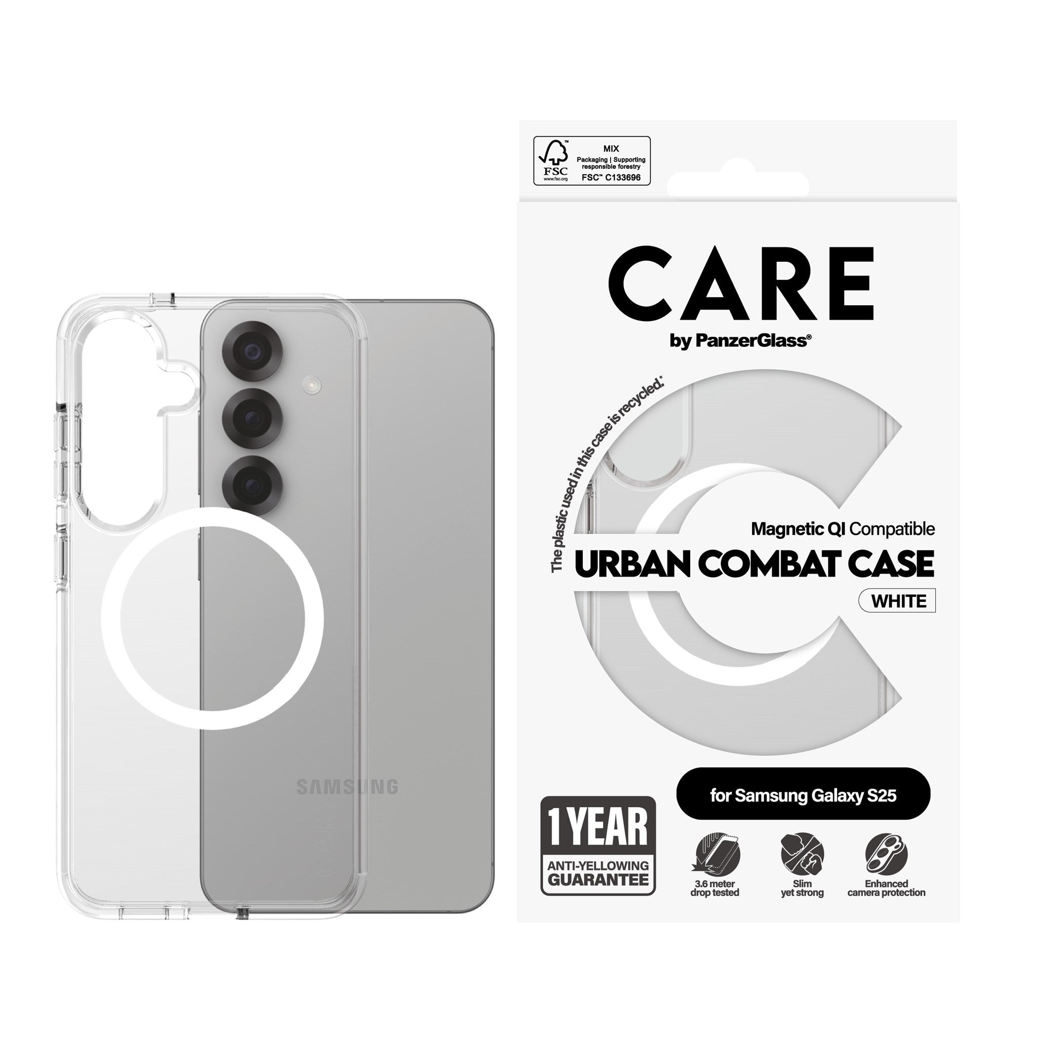 CARE by PanzerGlass® Urban Combat Case Transparent w. White Qi Compatible Samsung Galaxy S25